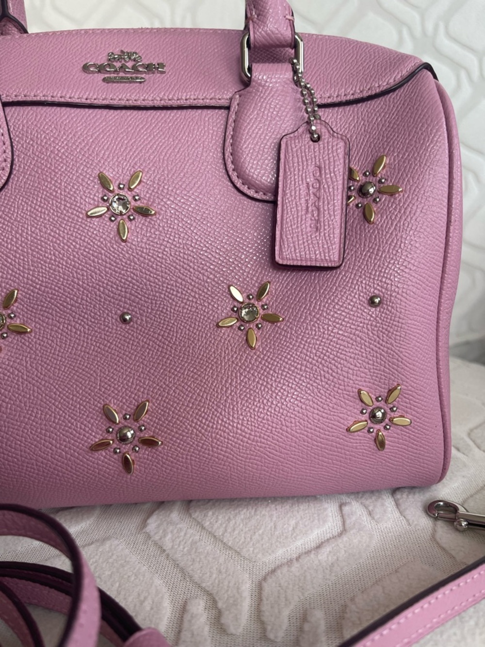 Coach Mini Benet Lilac Pink Tulip Floral crystal Stud Leather Satchel with Strap - Picture 4 of 10